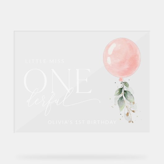 Roze ballon, groen, eerste verjaardag Welkom Acryl Bord (Voorkant)