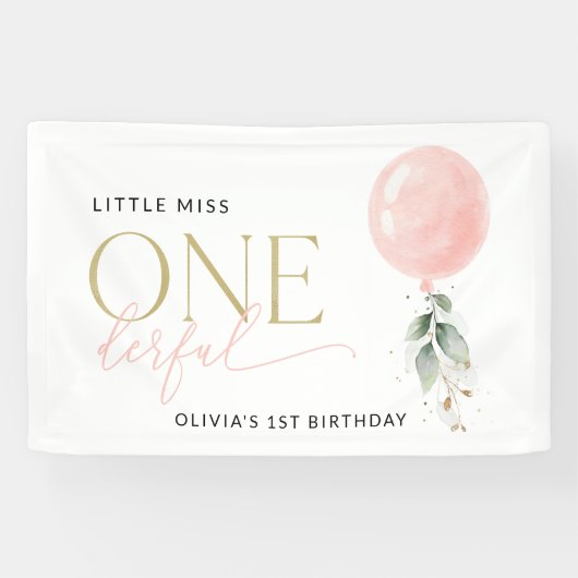 Roze ballon, groen, eerste verjaardag Welkom Spandoek (Horizontaal)