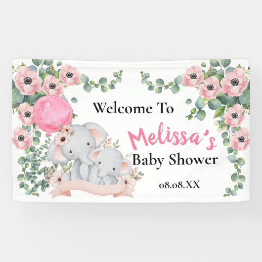 Roze ballon groen olifant welkom achtergrond spandoek (Horizontaal)