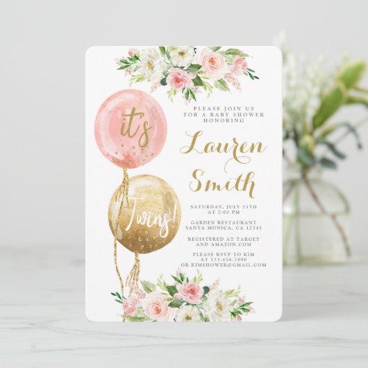 Roze ballon Het is een tweeling baby shower meisje Kaart (Staand voorkant)