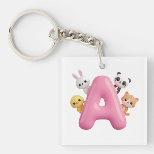 Roze ballon letter A bosdieren acryl Sleutelhanger (Voorkant)