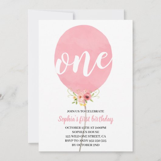 Roze ballon meisje eerste verjaardag kaart (Voorkant)