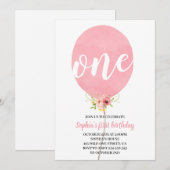 Roze ballon meisje eerste verjaardag kaart (Voorkant / Achterkant)