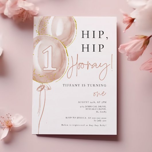 Roze ballon meisje eerste verjaardag kaart