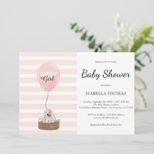 Roze ballon Meisje Roze Strepen Baby Shower Kaart (Staand voorkant)