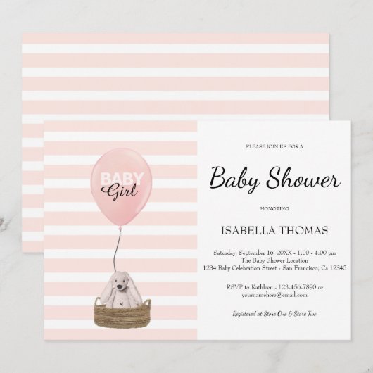 Roze ballon Meisje Roze Strepen Baby Shower Kaart (Voorkant / Achterkant)