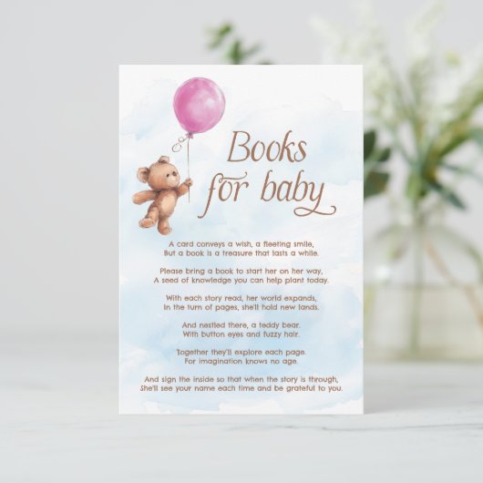 Roze Ballon Meisje Teddy Bear Boeken voor Baby Informatiekaartje (Staand voorkant)
