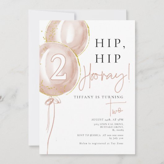 Roze ballon meisje tweede verjaardag kaart (Voorkant)