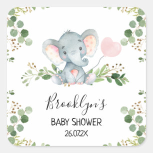 Roze Ballon Olifant Baby shower Favor Sticker
