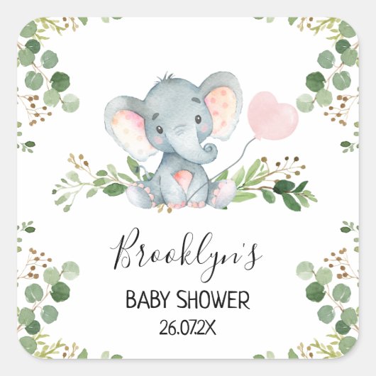 Roze Ballon Olifant Baby shower Favor Sticker (Voorkant)