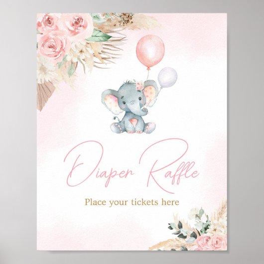 Roze Ballon Olifant Baby shower Luier Raffle Poster (Voorkant)