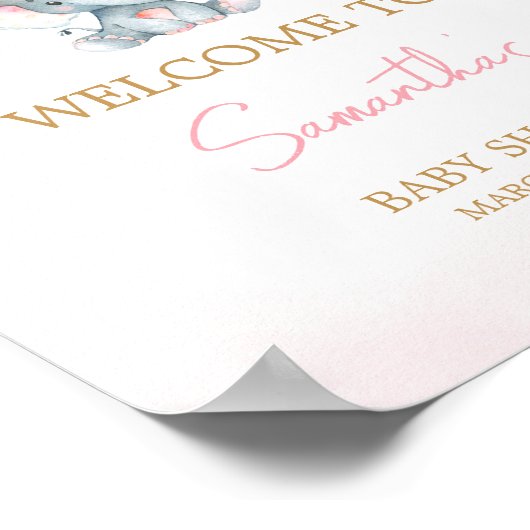 Roze Ballon Olifant Baby shower Welkom Poster (Hoek)