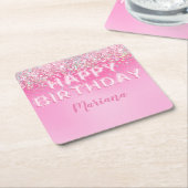 Roze ballon ombre verjaardagsfeestje kartonnen onderzetters (Schuin)