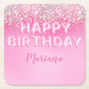 Roze ballon ombre verjaardagsfeestje kartonnen onderzetters