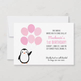 Roze ballon pinguïn verjaardagsfeest Evite afdruk Kaart