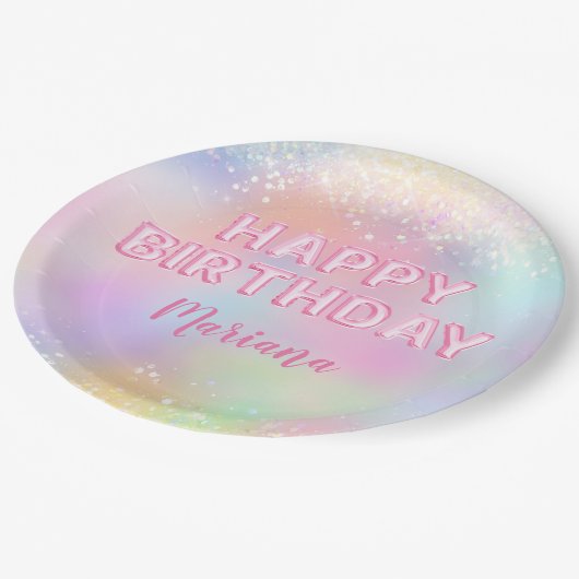 Roze Ballon Regenboog Verjaardagsfeest Papieren Bordje (Gekanteld)