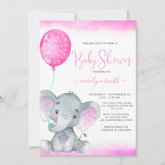 roze ballon schattige olifant baby shower kaart (Voorkant)