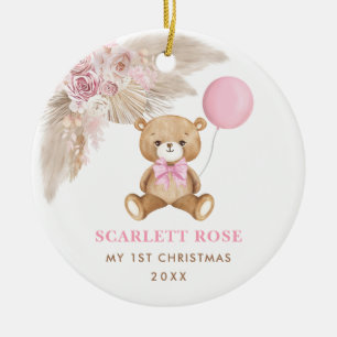 Roze ballon Teddy Bear Baby Eerste Kerstmis Keramisch Ornament