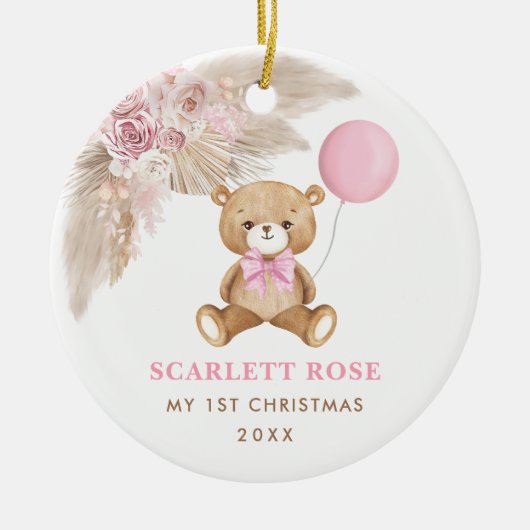 Roze ballon Teddy Bear Baby Eerste Kerstmis Keramisch Ornament (Voorkant)