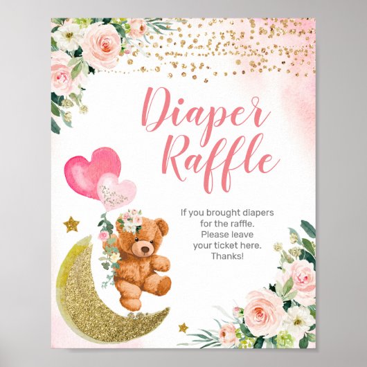 Roze ballon Teddy Bear Diaper Raffle Sign Poster (Voorkant)