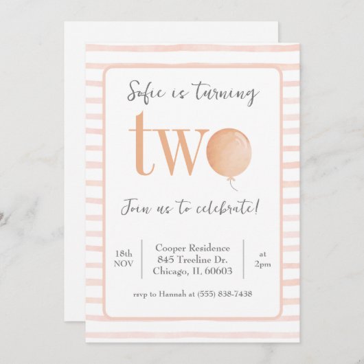 Roze ballon tweede verjaardag uitnodiging (Voorkant / Achterkant)