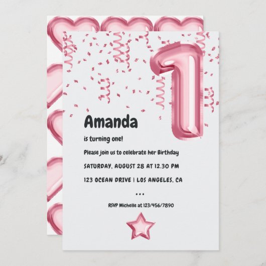 Roze ballon Uitnodiging eerste kerstdag (Voorkant / Achterkant)