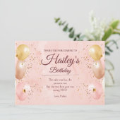 Roze ballon verjaardagsfeest bedankkaart (Staand voorkant)