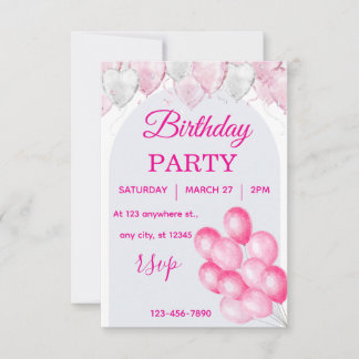 Roze Ballon Verjaardagsfeest Uitnodiging Waterverf