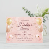 Roze ballon verjaardagsfeestje uitnodiging (Staand voorkant)