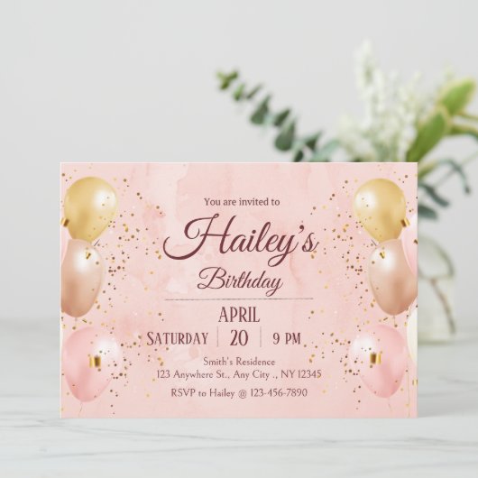 Roze ballon verjaardagsfeestje uitnodiging (Staand voorkant)