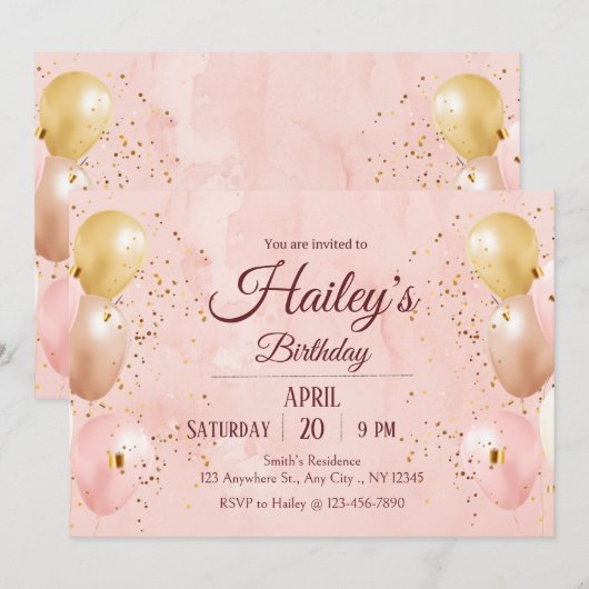 Roze ballon verjaardagsfeestje uitnodiging (Voorkant / Achterkant)