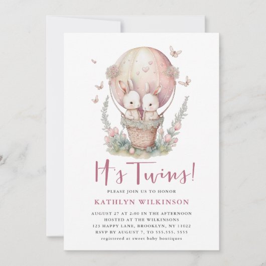 Roze Ballon Vlinder Het is Twins Meisje Baby showe Kaart (Voorkant)
