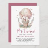 Roze Ballon Vlinder Het is Twins Meisje Baby showe Kaart (Voorkant / Achterkant)