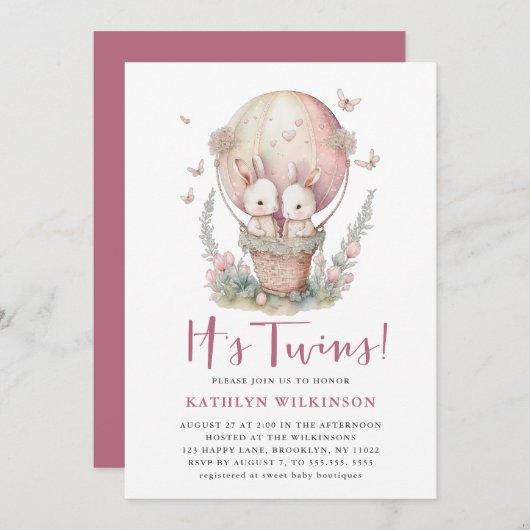 Roze Ballon Vlinder Het is Twins Meisje Baby showe Kaart (Voorkant / Achterkant)