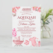 Roze ballon wandelwagen Baby meisje Moslim Aqiqah Kaart (Staand voorkant)