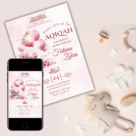 Roze ballon wandelwagen Baby meisje Moslim Aqiqah Kaart