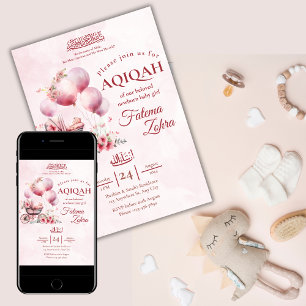 Roze ballon wandelwagen Baby meisje Moslim Aqiqah Kaart