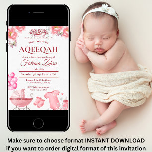 Roze ballon wandelwagen Baby meisje Moslim Aqiqah Kaart