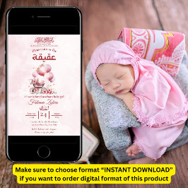 Roze ballon wandelwagen Baby meisje Moslim Aqiqah Kaart