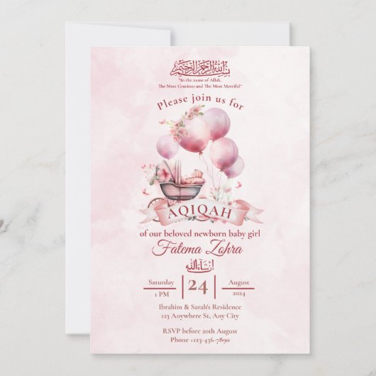 Roze ballon wandelwagen Baby meisje Moslim Aqiqah Kaart (Voorkant)