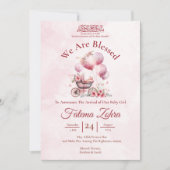 Roze ballon wandelwagen Baby Meisje Moslim Geboort Kaart (Voorkant)