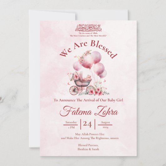 Roze ballon wandelwagen Baby Meisje Moslim Geboort Kaart (Voorkant)