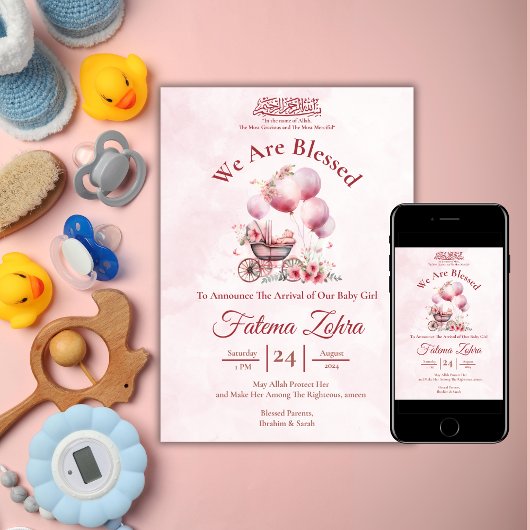 Roze ballon wandelwagen Baby Meisje Moslim Geboort Kaart