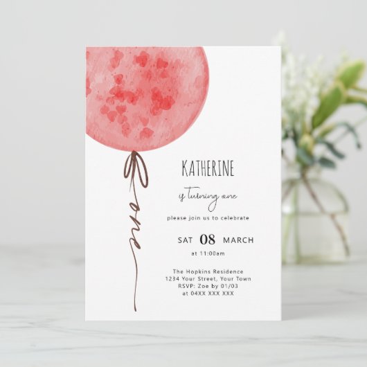 Roze Ballon Waterverf Verjaardagsfeestje Kaart (Staand voorkant)