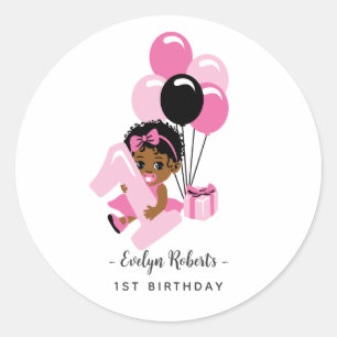 Roze ballon zwart babymeisje eerste verjaardag ronde sticker