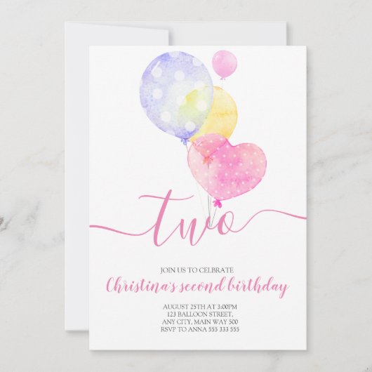 Roze ballonmeisje 2e verjaardag twee tweede verjaa kaart (Voorkant)