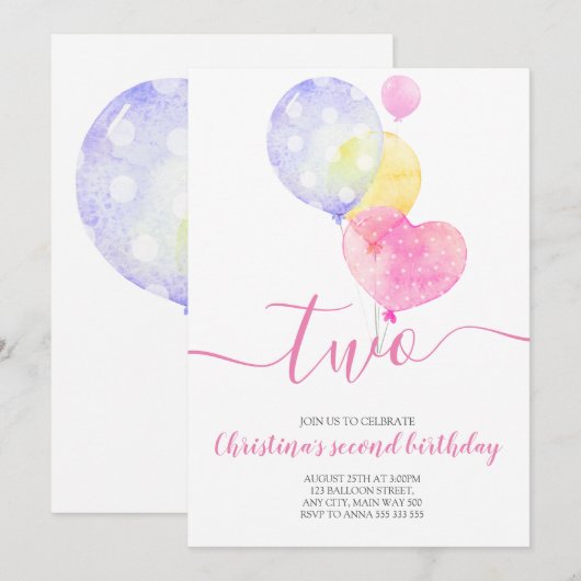 Roze ballonmeisje 2e verjaardag twee tweede verjaa kaart (Voorkant / Achterkant)