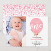 Roze ballonmeisje eerste verjaardag met foto Schat Kaart (Voorkant / Achterkant)