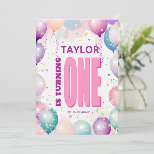 Roze Ballonnen 1e Draaien Een Verjaardag Kaart (Staand voorkant)