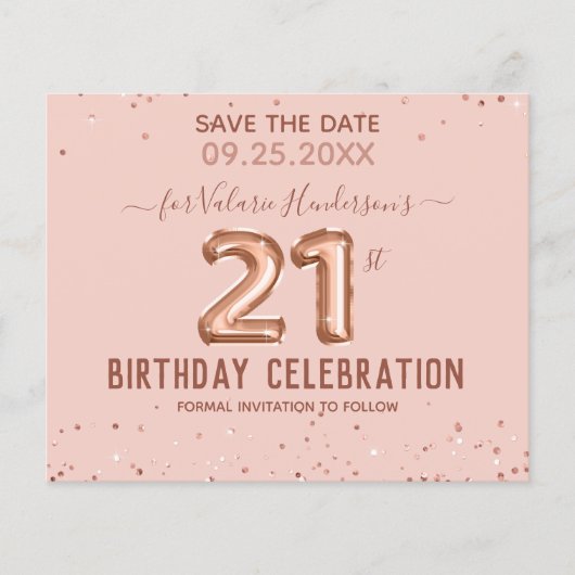 Roze ballonnen 21ste verjaardag sparen de Datum (Voorkant)
